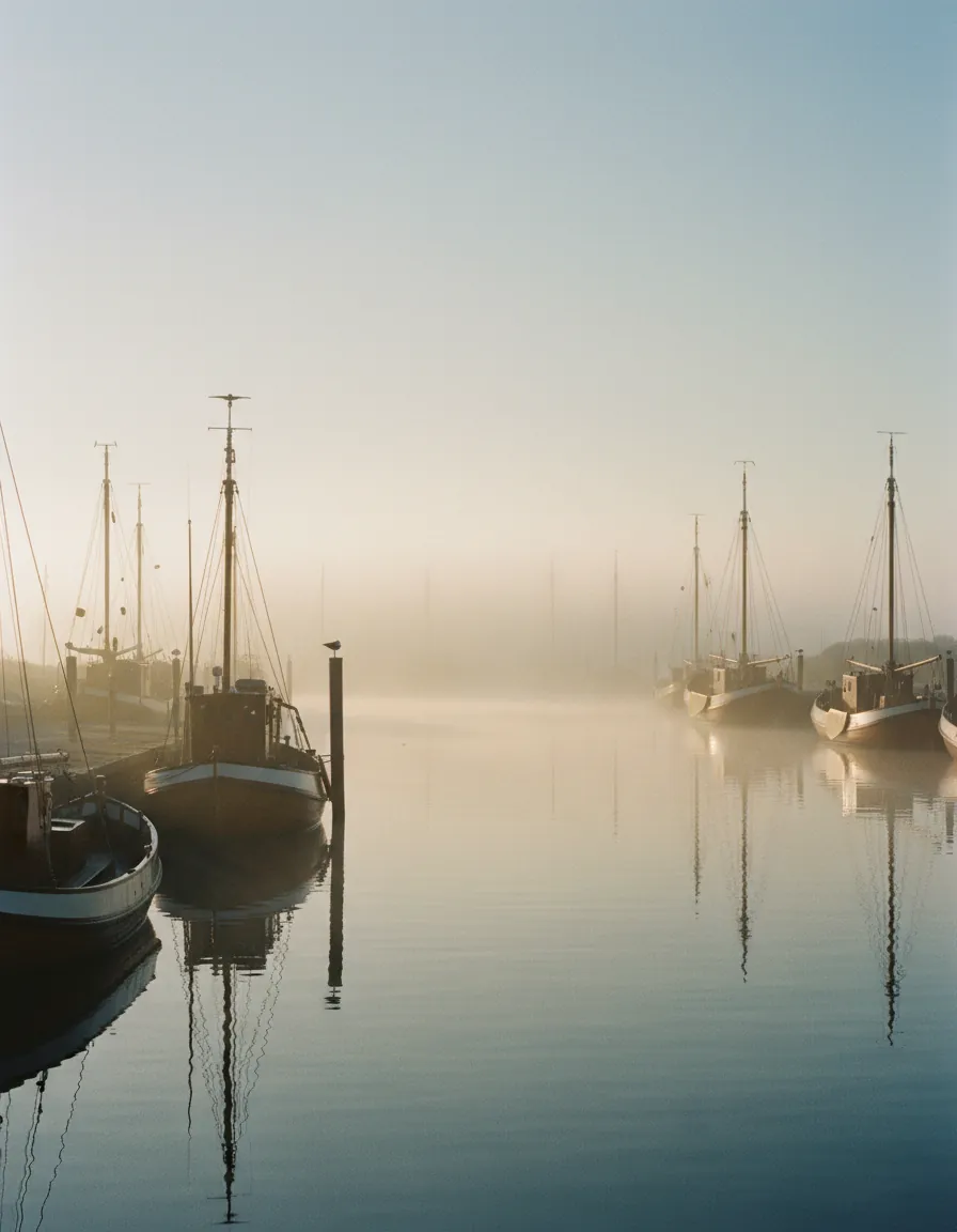 Vissersboten in een Zeeuwse haven bij dageraad, mist boven het water, zacht tegenlicht, 50mm, analoge korrel
